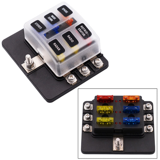 6-way screw terminal fuse holder kit with translucent cover and LED warning indicator