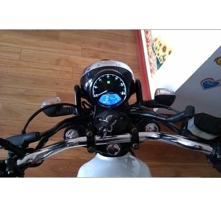 Motorcycle dashboard gauge mounted on handlebars with blue LCD display