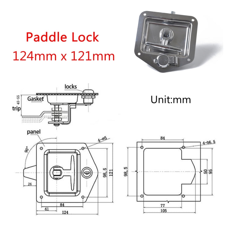 Paddle lock latch diagram with 124 mm x 121 mm dimensions and gasket trip sketch