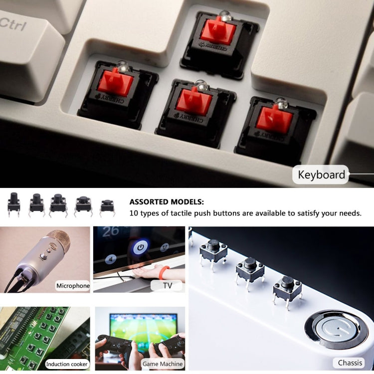 Tactile push button switches with red illuminated caps on a keyboard circuit board