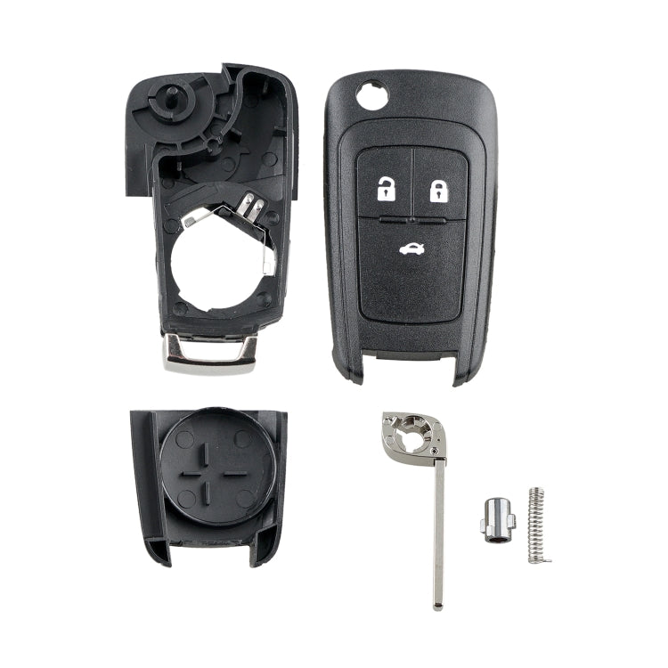 Assorted key fob case parts: black shell, button cover, folded key blade, screw set.