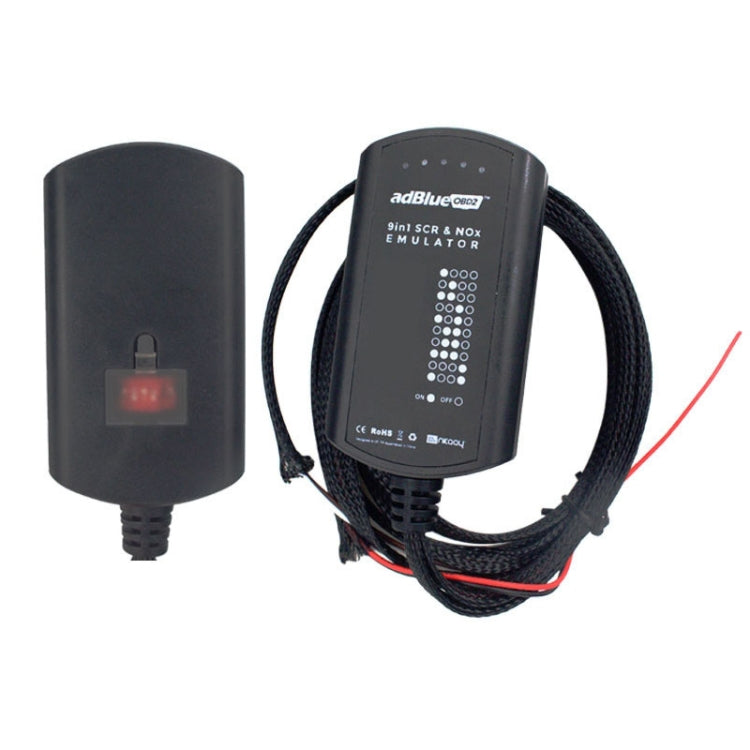 Black emulator box with red status window, OBD2-style cable, and connector plug
