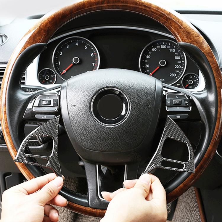 Carbon fiber steering wheel button trim stickers on wheel controls, two pieces