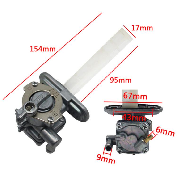 Fuel petcock assembly diagram with labeled dimensions and valve housing