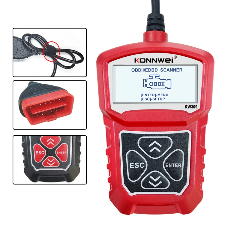 Red and black OBD2 code reader scanner with LCD screen, red body, and ESC/enter keys