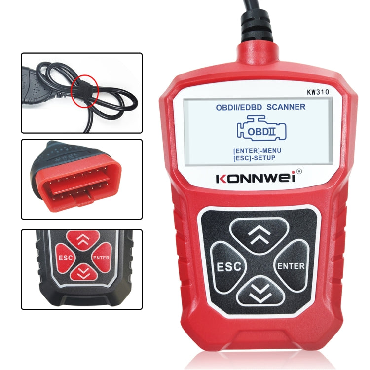 Red handheld OBD2 scanner with LCD screen and red OBDII connector