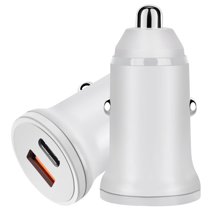 White dual-port car charger with USB-C and USB-A fast charging ports