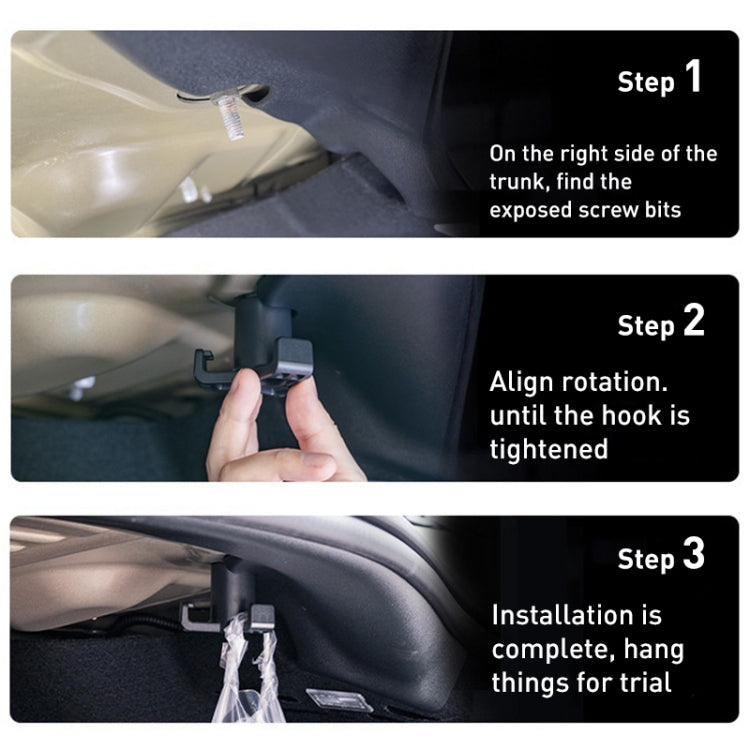 Black trunk bag hook installation showing alignment and tightened secure fit