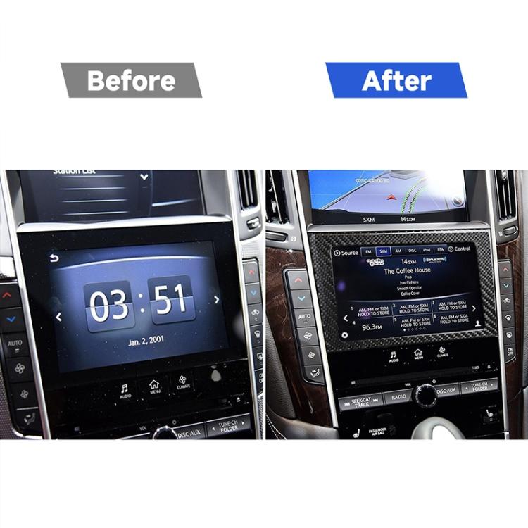 Dashboard before-and-after showing installed carbon fiber-look navigation frame, dark gray