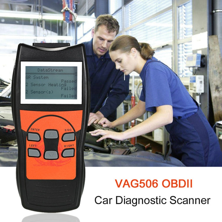 Handheld OBD2 diagnostic scanner with LCD screen and orange control panel