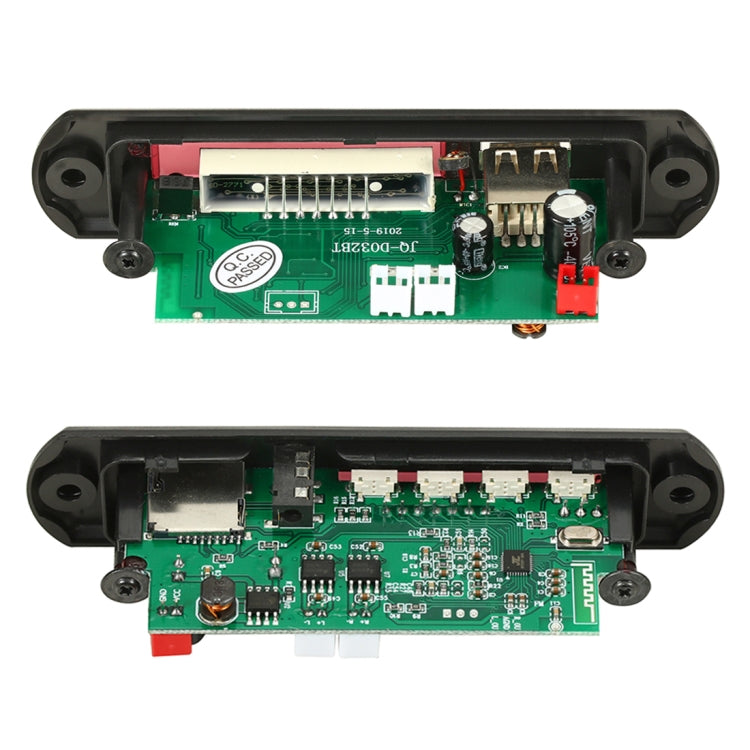 Car audio decoder board with exposed green circuit, connectors, and speaker amp inside black case