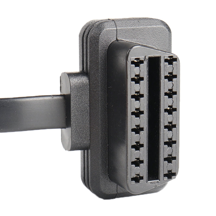 16-pin OBD connector plug with side view of pin terminals, black plastic housing