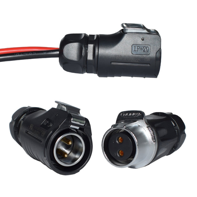 LP20 plug and matching connector ends, black housings with gold pin contacts