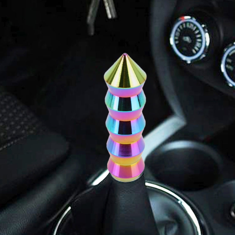 Iridescent long cone gear shift knob installed on a car shifter