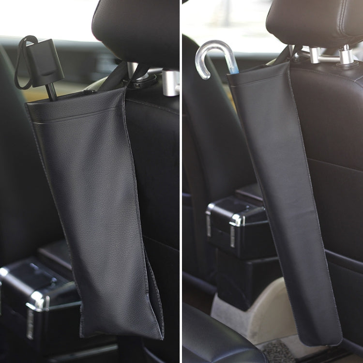 Black car umbrella storage bag shown on seat from front and side angles
