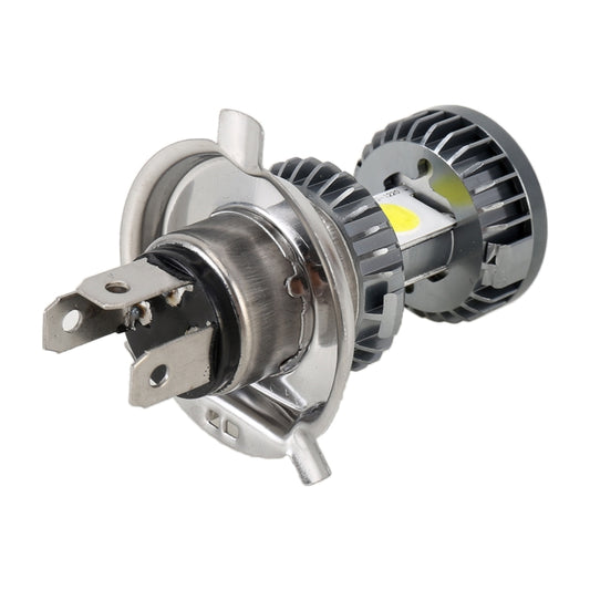 H4 LED motorcycle headlight bulb with metal heatsink, mounting pins on rear