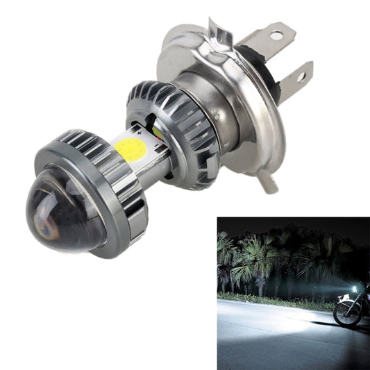 H4 LED motorcycle headlight bulb with metal heatsink and COB lamp bead, chrome housing