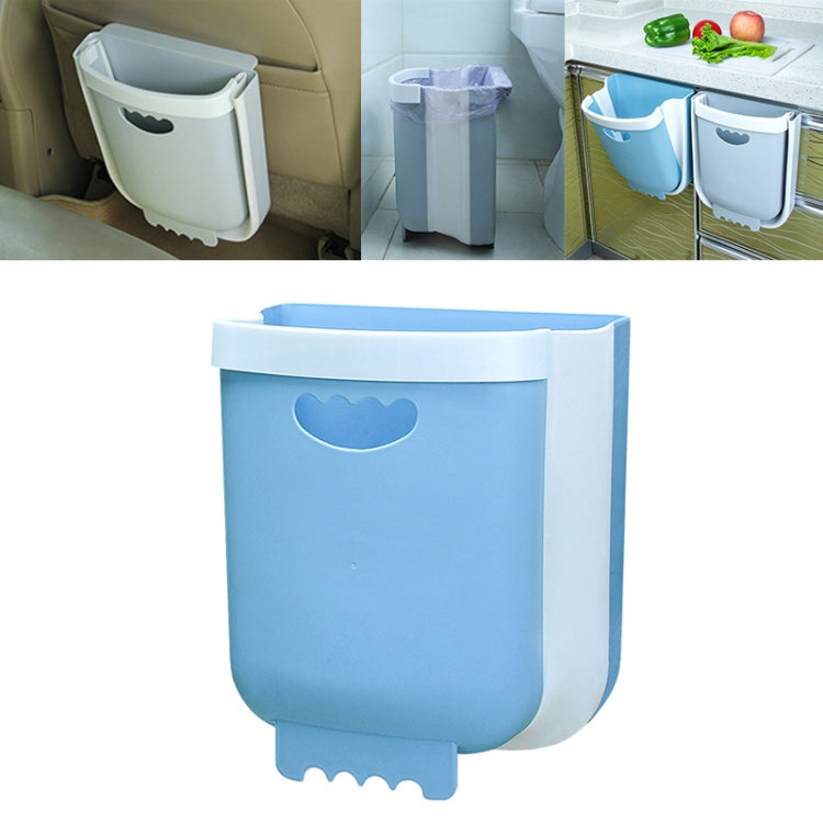 Blue wall-mounted folding trash can with heart emblem and white bottom