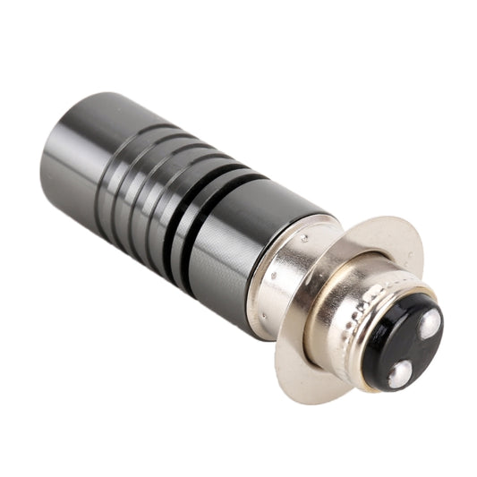 Motorcycle LED headlight bulb with silver barrel housing and black front lens reflector