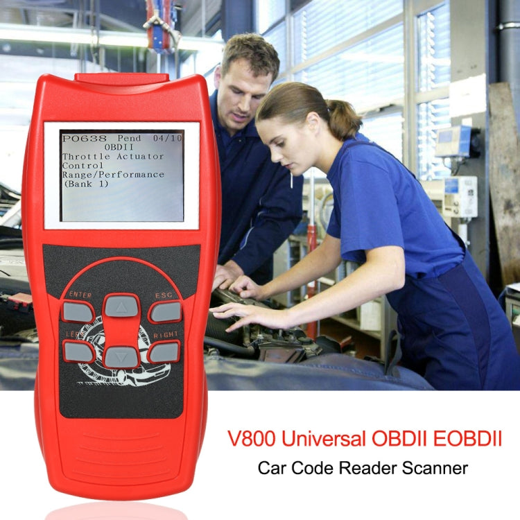 Red OBD2 car code reader scanner with lit display and keypad controls