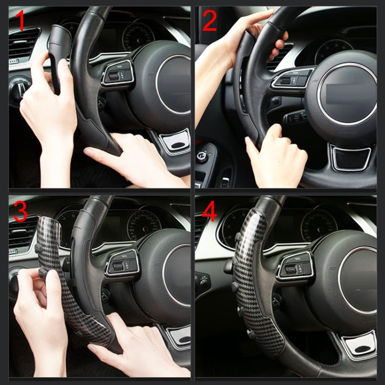 Steering wheel spinner knob cover, dark textured carbon-fiber style on wheel