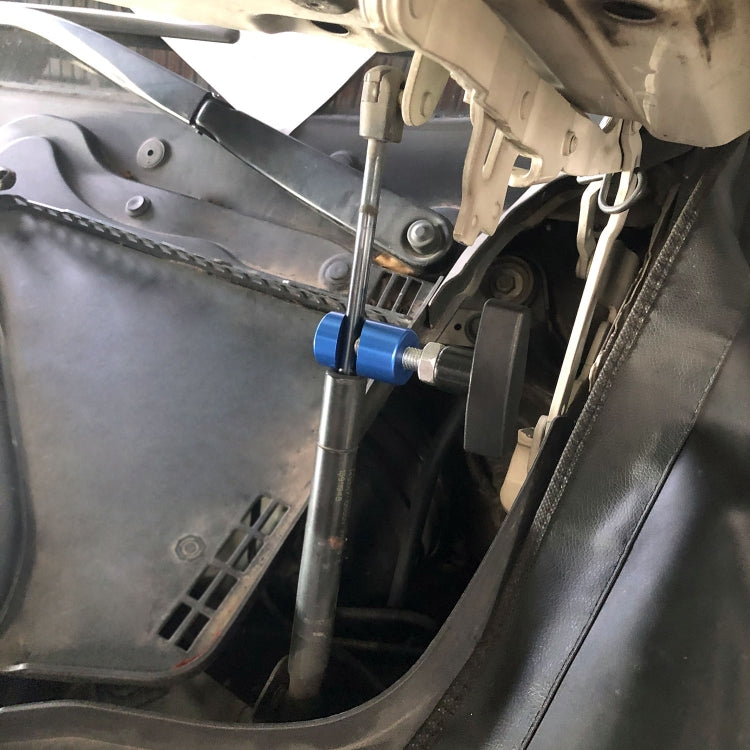 Car engine bay cover support rod installed with blue sleeve and black cap