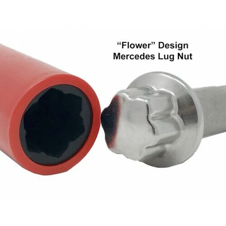Red sleeve lug nut socket with silver lug nut showing a flower-style pattern