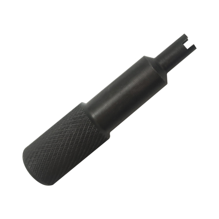 Car valve core remover tool with knurled grip and forked metal tip