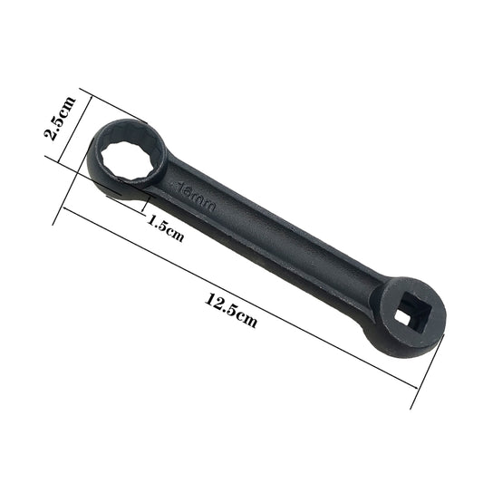 16mm ring wrench, 12.5 cm length; marked 1.5 cm width and 2.5 cm head