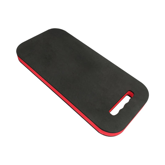 Car repair knee mat pad in black with red edge trim and a knee cutout
