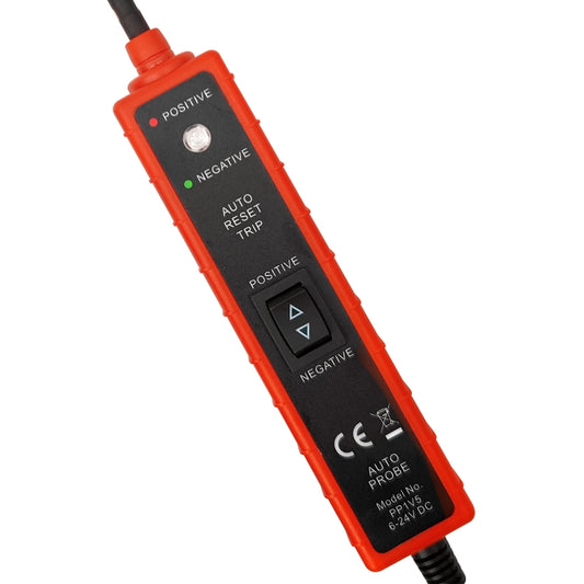 Red DC circuit tester pen with positive/negative indicators and auto reset controls