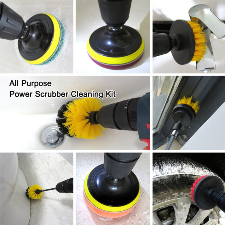 All-purpose power scrubber kit with yellow bristle drill head and foam pad attachment