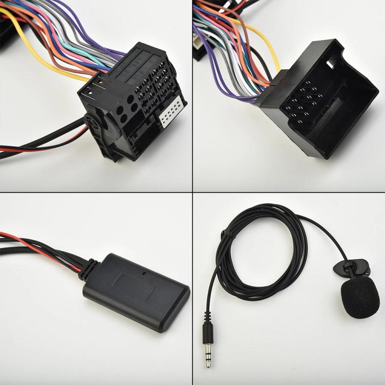 Car AUX Bluetooth audio cable close-up: black wiring, mic, and audio connector