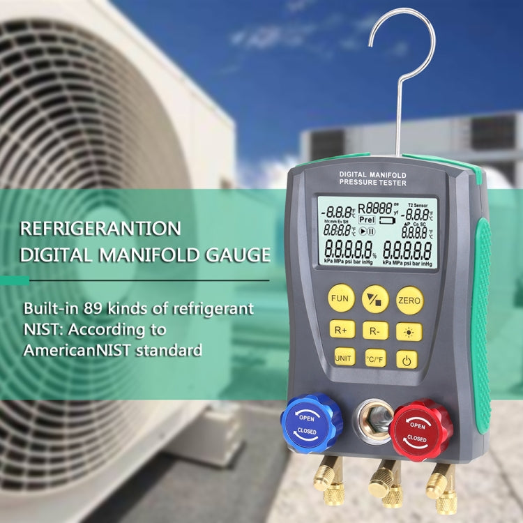 Digital manifold pressure tester with LCD display, hanging hook, and three brass fittings