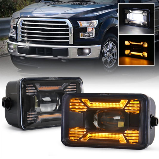 Pair of black front fog lights with amber LED DRL/turn signal and clear lens