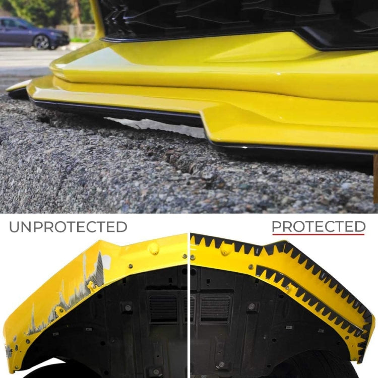 Bumper guard installed on a yellow car front lower edge with serrated teeth