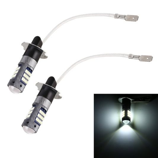 Pair of H3 LED fog light bulbs with blue LED chip modules and braided wiring leads