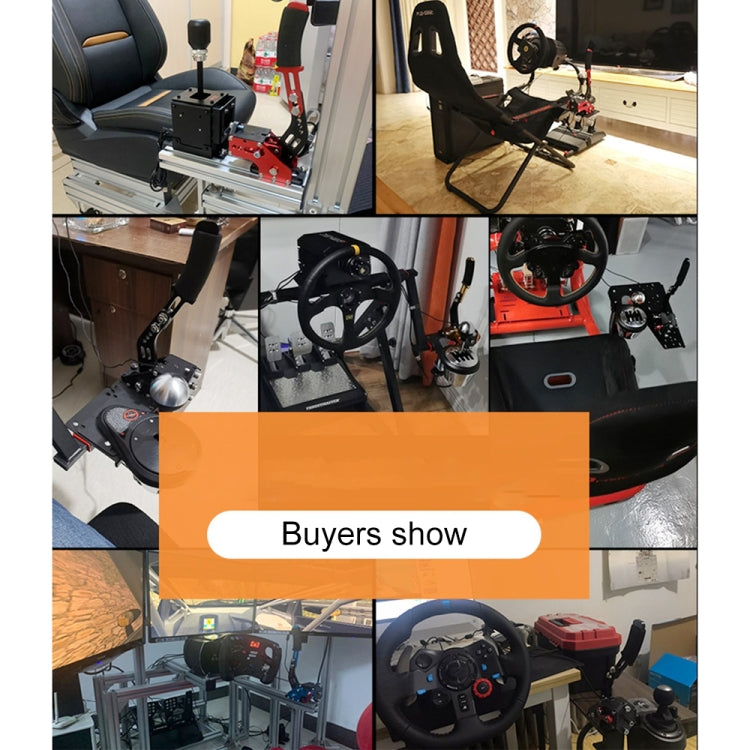 USB racing handbrake mounted on sim rig near steering wheel
