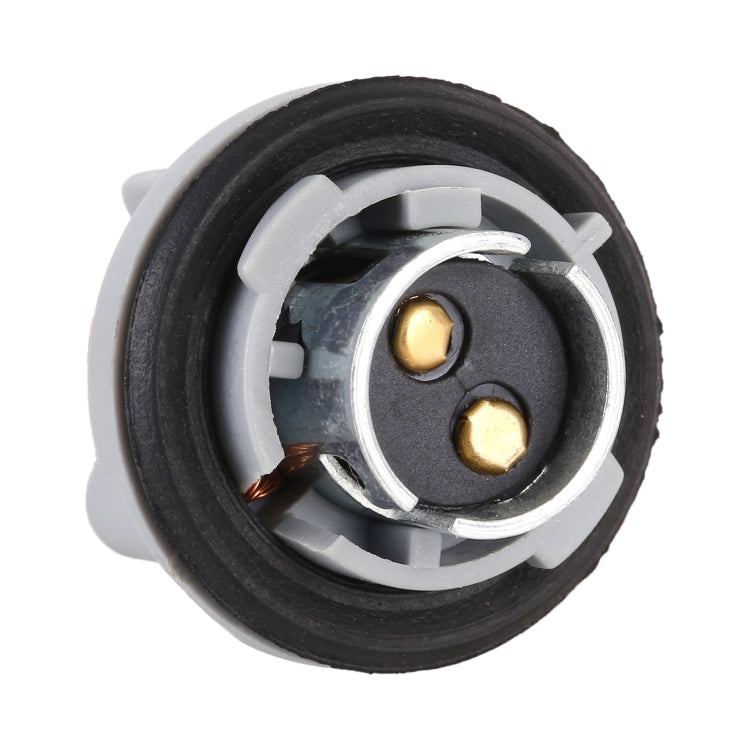 Brake light holder socket with two brass contacts and black rubber seal