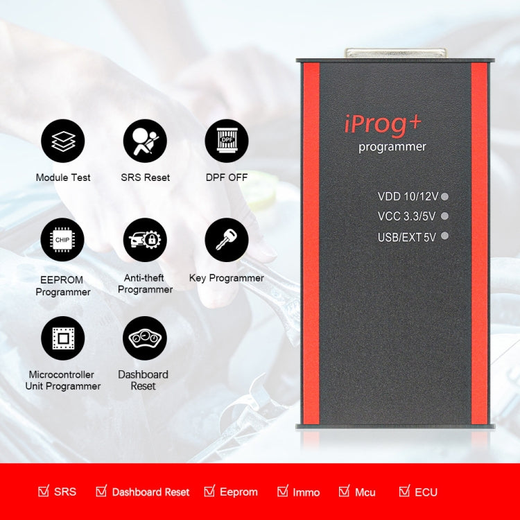 Car key programmer tool with feature icons for SRS reset, Eeprom, ECU and MCU