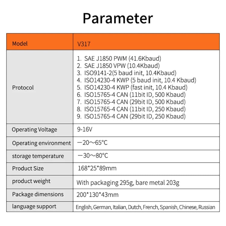 V317 OBD2 scanner parameter specification table with model, protocol, and voltages