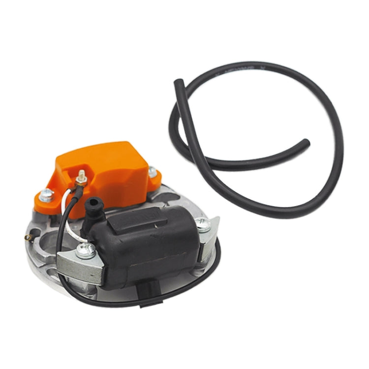 Ignition coil assembly with orange cover and black wire harness, angled view