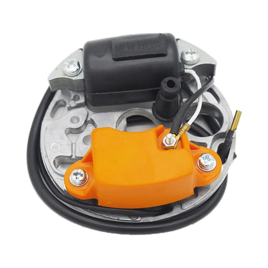 Ignition coil module with orange cover, black wires, and metal mounting base