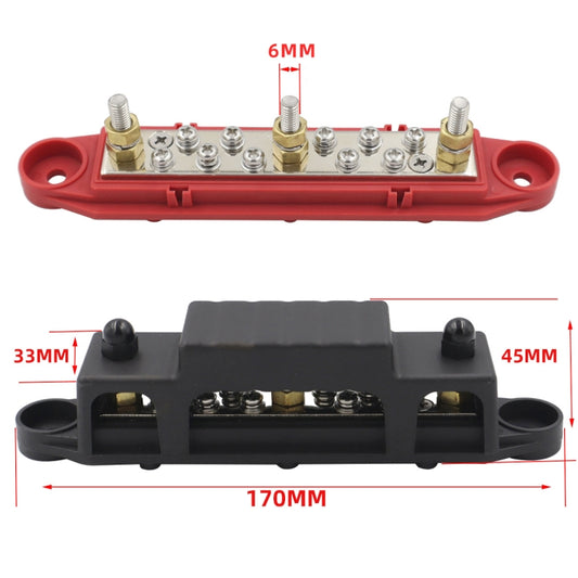 Red M6 battery bus bar terminal block with multiple screw terminals and mounting posts