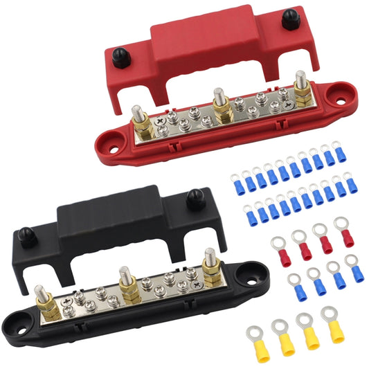 Red and black M6 battery bus bar terminal block set with brass terminals and screws