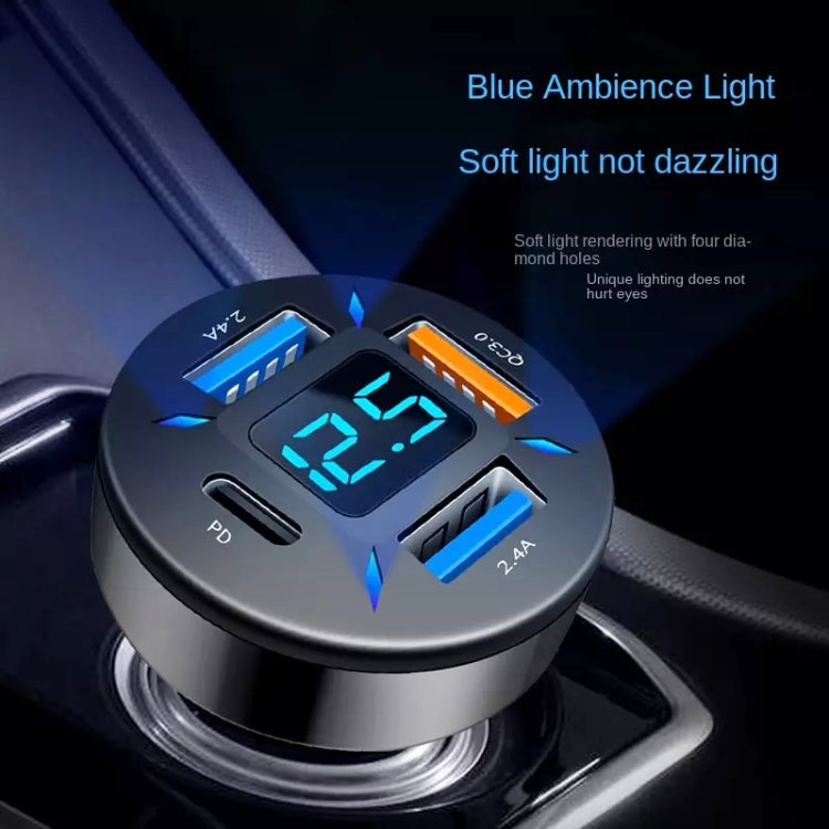 4-in-1 car USB charger with blue illuminated display and multi-port design, black