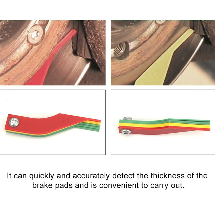 Brake pad thickness gauge shown from multiple angles, red base with colored strips