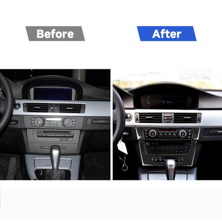 Carbon-fiber BMW CD panel trim overlay installed on center console, compared to untrimmed dash
