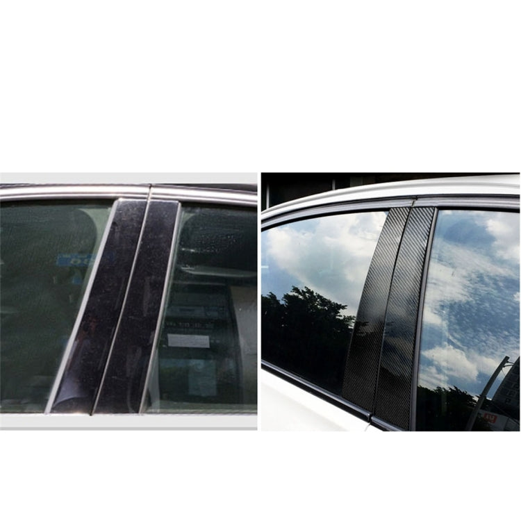 Installed carbon fiber B-pillar sticker strips on car windows, black weave