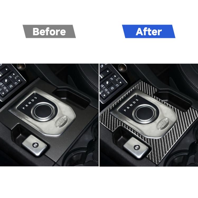Carbon fiber gearshift panel sticker shown before and after installation, black-gray weave